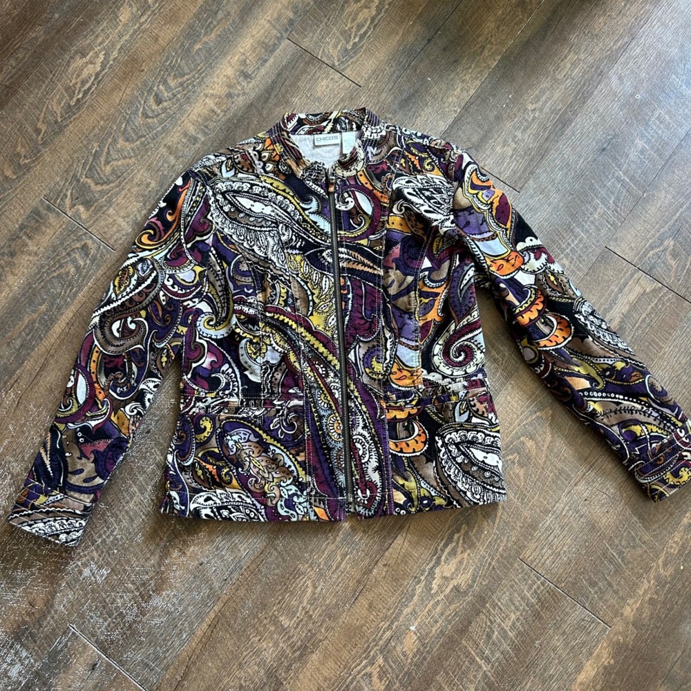 Chicos Womens Paisley Corduroy Zip Up Jacket Multi Color Size 1 M Mock Neck